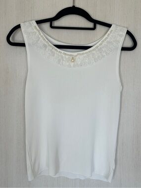 Vintage Cream Ribbed Knit Faux Pearl & Lace Ruffle Collar Cami Top Size M/L